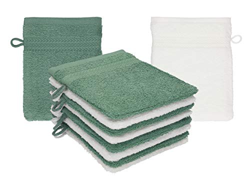 Betz 10 Stück Waschhandschuhe Waschlappen Set Premium 100% Baumwolle 16x21 cm Farbe tannengrün - weiß von Betz