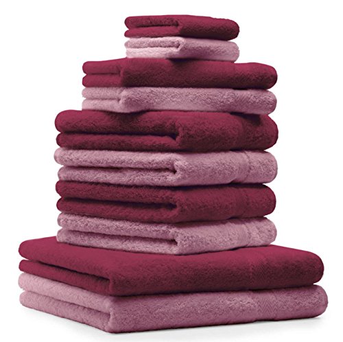 Betz 10-TLG. Handtuch-Set Premium 100% Baumwolle 2 Duschtücher 4 Handtücher 2 Gästetücher 2 Waschhandschuhe Farbe Altrosa & Dunkel Rot von Betz