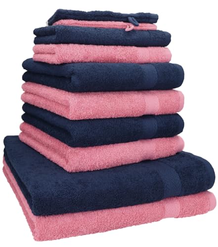 Betz 10-TLG. Handtuch-Set Premium 100% Baumwolle 2 Duschtücher 4 Handtücher 2 Gästetücher 2 Waschhandschuhe Farbe Altrosa & Dunkelblau von Betz