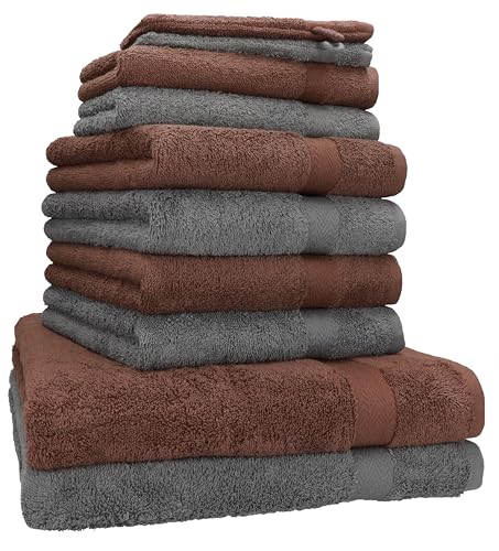 Betz 10-TLG. Handtuch-Set Premium 100% Baumwolle 2 Duschtücher 4 Handtücher 2 Gästetücher 2 Waschhandschuhe Farbe Anthrazit & Nuss Braun von Betz