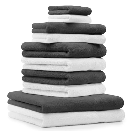 Betz 10-TLG. Handtuch-Set Premium 100% Baumwolle 2 Duschtücher 4 Handtücher 2 Gästetücher 2 Waschhandschuhe Farbe Anthrazit & Weiß von Betz