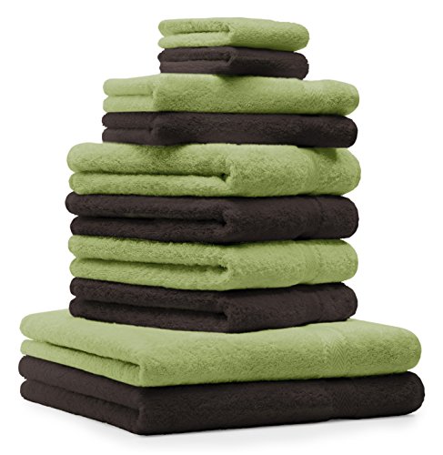 Betz 10-TLG. Handtuch-Set Premium 100% Baumwolle 2 Duschtücher 4 Handtücher 2 Gästetücher 2 Waschhandschuhe Farbe Apfel Grün & Dunkel Braun von Betz