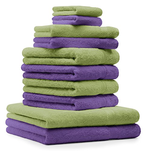 Betz 10-TLG. Handtuch-Set Premium 100% Baumwolle 2 Duschtücher 4 Handtücher 2 Gästetücher 2 Waschhandschuhe Farbe Apfel Grün & Lila von Betz
