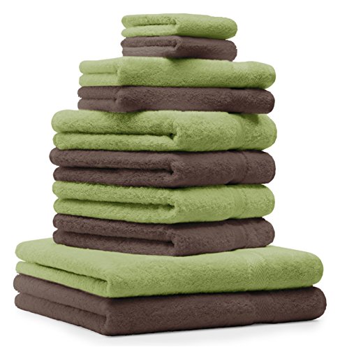 Betz 10-TLG. Handtuch-Set Premium 100% Baumwolle 2 Duschtücher 4 Handtücher 2 Gästetücher 2 Waschhandschuhe Farbe Apfel Grün & Nuss Braun von Betz