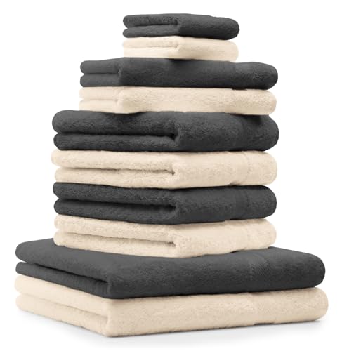 Betz 10-TLG. Handtuch-Set Premium 100% Baumwolle 2 Duschtücher 4 Handtücher 2 Gästetücher 2 Waschhandschuhe Farbe Beige & Anthrazit von Betz