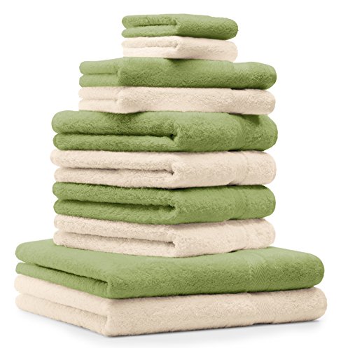 Betz 10-TLG. Handtuch-Set Premium 100% Baumwolle 2 Duschtücher 4 Handtücher 2 Gästetücher 2 Waschhandschuhe Farbe Beige & Apfel Grün von Betz