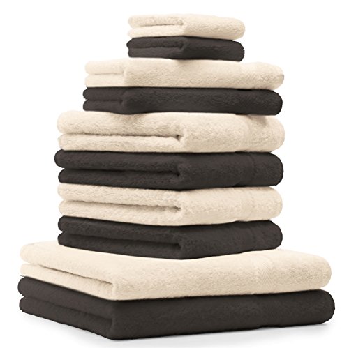 Betz 10-TLG. Handtuch-Set Premium 100% Baumwolle 2 Duschtücher 4 Handtücher 2 Gästetücher 2 Waschhandschuhe Farbe Beige & Dunkel Braun von Betz