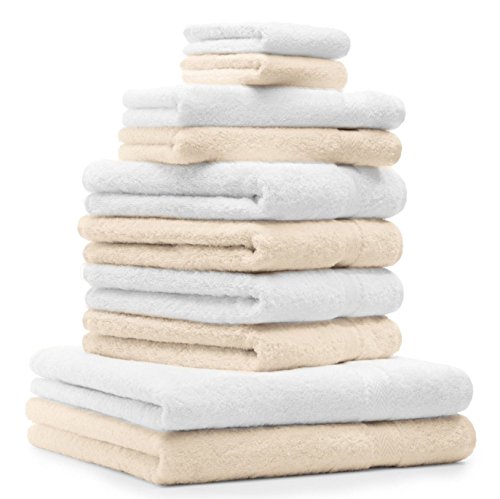 Betz 10-TLG. Handtuch-Set Premium 100% Baumwolle 2 Duschtücher 4 Handtücher 2 Gästetücher 2 Waschhandschuhe Farbe Beige & Weiß von Betz