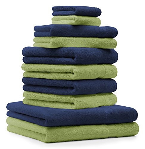 Betz 10-TLG. Handtuch-Set Premium 100% Baumwolle 2 Duschtücher 4 Handtücher 2 Gästetücher 2 Waschhandschuhe Farbe Dunkel Blau & Apfel Grün von Betz