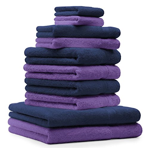 Betz 10-TLG. Handtuch-Set Premium 100% Baumwolle 2 Duschtücher 4 Handtücher 2 Gästetücher 2 Waschhandschuhe Farbe Dunkel Blau & Lila von Betz