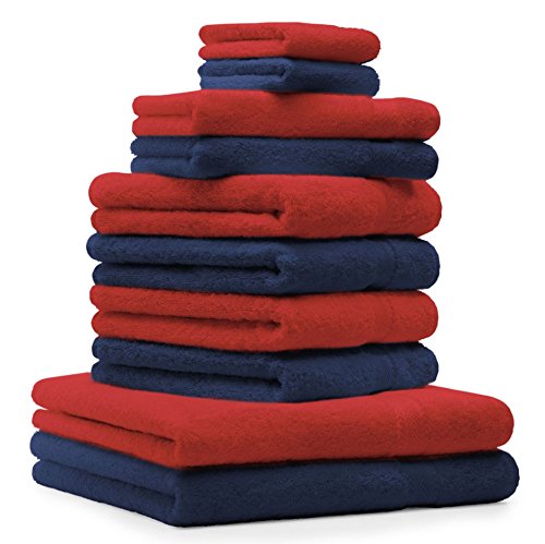 Betz 10-TLG. Handtuch-Set Premium 100% Baumwolle 2 Duschtücher 4 Handtücher 2 Gästetücher 2 Waschhandschuhe Farbe Dunkel Blau & Rot von Betz