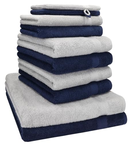 Betz Handtuch Set Premium 10-teilig 100% Baumwolle – 2 Duschtücher 70x140, 4 Handtücher 50x100, 2 Gästetücher 30x50, 2 Waschhandschuhe – Weiche Frottee Handtücher – Farbe Dunkel Blau & Silber Grau von Betz