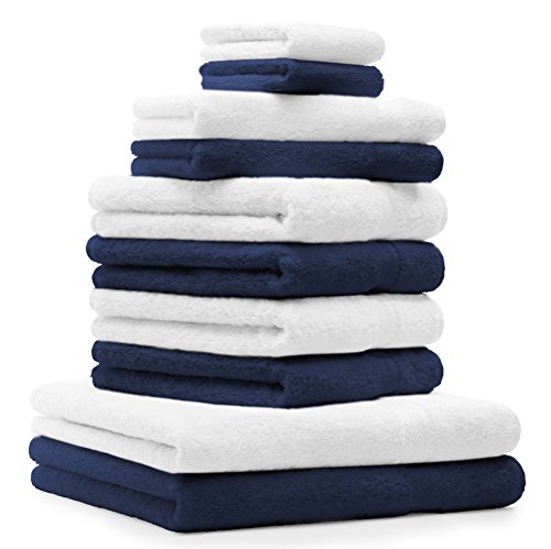 Betz 10-TLG. Handtuch-Set Premium 100% Baumwolle 2 Duschtücher 4 Handtücher 2 Gästetücher 2 Waschhandschuhe Farbe Dunkel Blau & Weiß von Betz