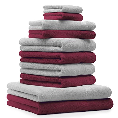 Betz 10-TLG. Handtuch-Set Premium 100% Baumwolle 2 Duschtücher 4 Handtücher 2 Gästetücher 2 Waschhandschuhe Farbe Dunkel Rot & Silber Grau von Betz
