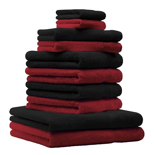 Betz 10-TLG. Handtuch-Set Premium 100% Baumwolle 2 Duschtücher 4 Handtücher 2 Gästetücher 2 Waschhandschuhe Farbe Dunkelrot & Schwarz von Betz