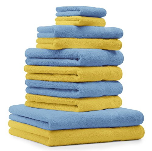 Betz 10-TLG. Handtuch-Set Premium 100% Baumwolle 2 Duschtücher 4 Handtücher 2 Gästetücher 2 Waschhandschuhe Farbe Hell Blau & Gelb von Betz