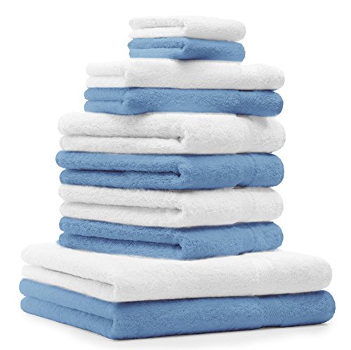 Betz 10-TLG. Handtuch-Set Premium 100% Baumwolle 2 Duschtücher 4 Handtücher 2 Gästetücher 2 Waschhandschuhe Farbe Hell Blau & Weiß von Betz