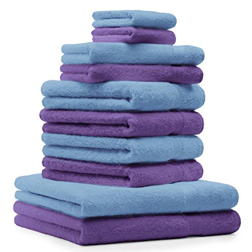Betz 10-TLG. Handtuch-Set Premium 100% Baumwolle 2 Duschtücher 4 Handtücher 2 Gästetücher 2 Waschhandschuhe Farbe Lila & Hell Blau von Betz
