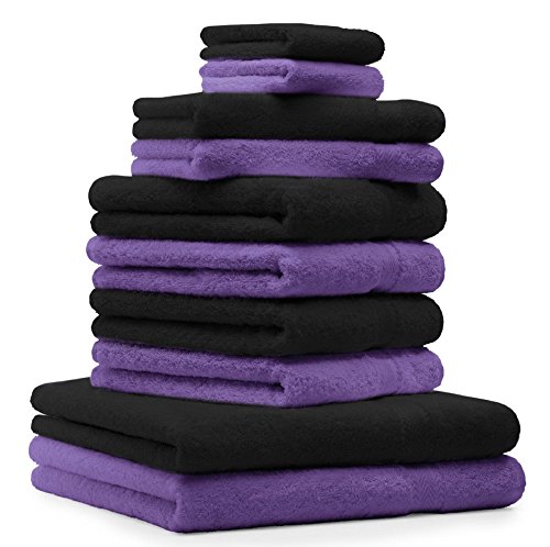 Betz 10-TLG. Handtuch-Set Premium 100% Baumwolle 2 Duschtücher 4 Handtücher 2 Gästetücher 2 Waschhandschuhe Farbe Lila & Schwarz von Betz