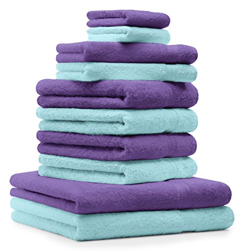 Betz 10-TLG. Handtuch-Set Premium 100% Baumwolle 2 Duschtücher 4 Handtücher 2 Gästetücher 2 Waschhandschuhe Farbe Lila & Türkis von Betz