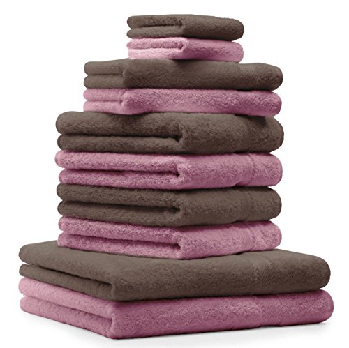 Betz 10-TLG. Handtuch-Set Premium 100% Baumwolle 2 Duschtücher 4 Handtücher 2 Gästetücher 2 Waschhandschuhe Farbe Nuss Braun & Altrosa von Betz