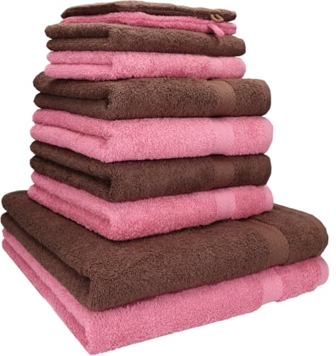 Betz 10-TLG. Handtuch-Set Premium 100% Baumwolle 2 Duschtücher 4 Handtücher 2 Gästetücher 2 Waschhandschuhe Farbe Nuss Braun & Altrosa von Betz