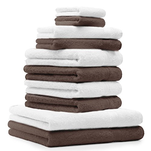 Betz 10-TLG. Handtuch-Set Premium 100% Baumwolle 2 Duschtücher 4 Handtücher 2 Gästetücher 2 Waschhandschuhe Farbe Nuss Braun & Weiß von Betz