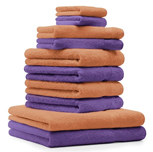 Betz 10-TLG. Handtuch-Set Premium 100% Baumwolle 2 Duschtücher 4 Handtücher 2 Gästetücher 2 Waschhandschuhe Farbe Orange Terra & Lila von Betz