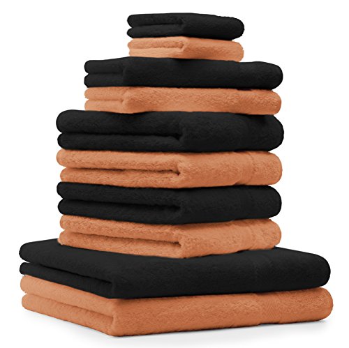 Betz 10-TLG. Handtuch-Set Premium 100% Baumwolle 2 Duschtücher 4 Handtücher 2 Gästetücher 2 Waschhandschuhe Farbe Orange & Schwarz von Betz