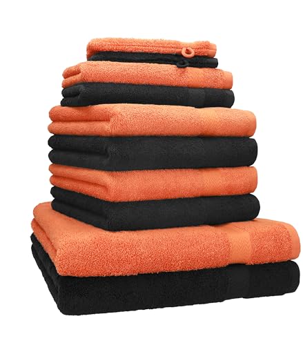Betz 10-TLG. Handtuch-Set Premium 100% Baumwolle 2 Duschtücher 4 Handtücher 2 Gästetücher 2 Waschhandschuhe Farbe Orange & Schwarz von Betz