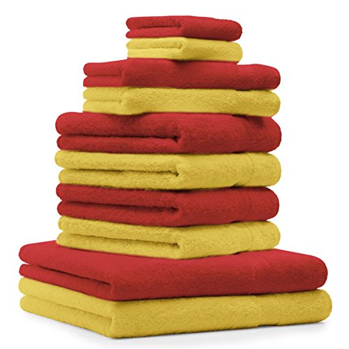 Betz 10-TLG. Handtuch-Set Premium 100% Baumwolle 2 Duschtücher 4 Handtücher 2 Gästetücher 2 Waschhandschuhe Farbe Rot & Gelb von Betz