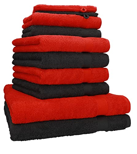 Betz 10-TLG. Handtuch-Set Premium 100% Baumwolle 2 Duschtücher 4 Handtücher 2 Gästetücher 2 Waschhandschuhe Farbe Rot und Schwarz von Betz