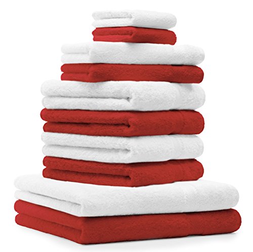 Betz 10-TLG. Handtuch-Set Premium 100% Baumwolle 2 Duschtücher 4 Handtücher 2 Gästetücher 2 Waschhandschuhe Farbe Rot & Weiß von Betz