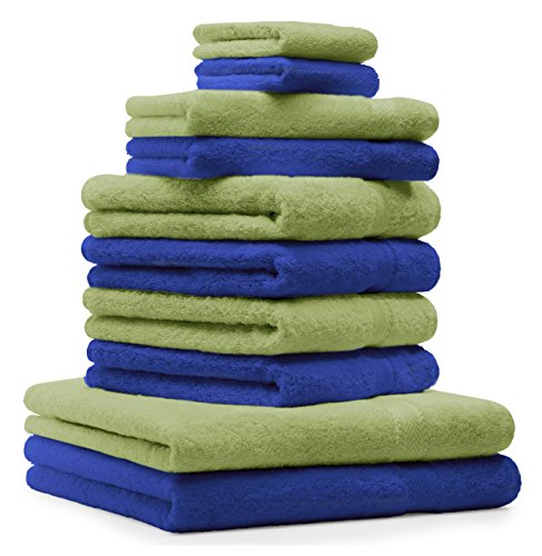 Betz 10-TLG. Handtuch-Set Premium 100% Baumwolle 2 Duschtücher 4 Handtücher 2 Gästetücher 2 Waschhandschuhe Farbe Royal Blau & Apfel Grün von Betz
