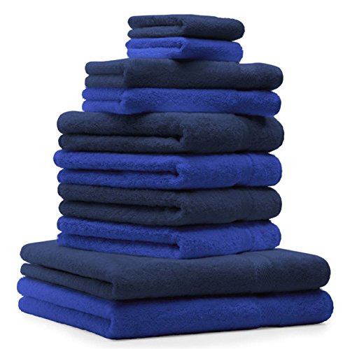 Betz 10-TLG. Handtuch-Set Premium 100% Baumwolle 2 Duschtücher 4 Handtücher 2 Gästetücher 2 Waschhandschuhe Farbe Royal Blau & Dunkel Blau von Betz