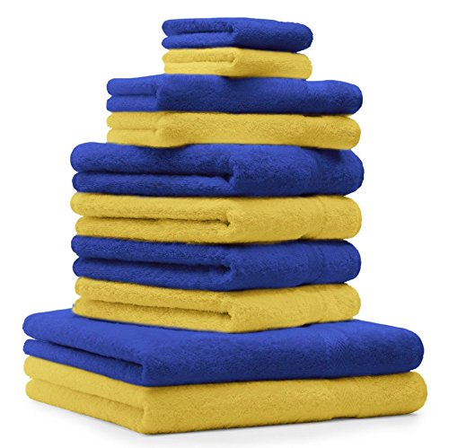 Betz 10-TLG. Handtuch-Set Premium 100% Baumwolle 2 Duschtücher 4 Handtücher 2 Gästetücher 2 Waschhandschuhe Farbe Royal Blau & Gelb von Betz