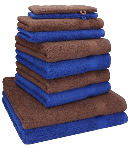 Betz 10-TLG. Handtuch-Set Premium 100% Baumwolle 2 Duschtücher 4 Handtücher 2 Gästetücher 2 Waschhandschuhe Farbe Royal Blau & Nuss Braun von Betz