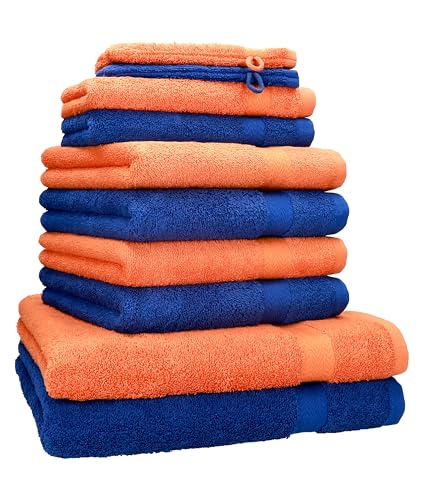 Betz 10 TLG. Handtuch Set Premium 100% Baumwolle 2 Duschtücher 4 Handtücher 2 Gästetücher 2 Waschhandschuhe Farbe Royal Blau & Orange Terra von Betz