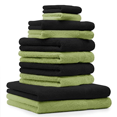 Betz 10-TLG. Handtuch-Set Premium 100% Baumwolle 2 Duschtücher 4 Handtücher 2 Gästetücher 2 Waschhandschuhe Farbe Schwarz & Apfel Grün von Betz