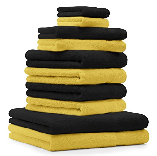Betz 10-TLG. Handtuch-Set Premium 100% Baumwolle 2 Duschtücher 4 Handtücher 2 Gästetücher 2 Waschhandschuhe Farbe Schwarz & Gelb von Betz