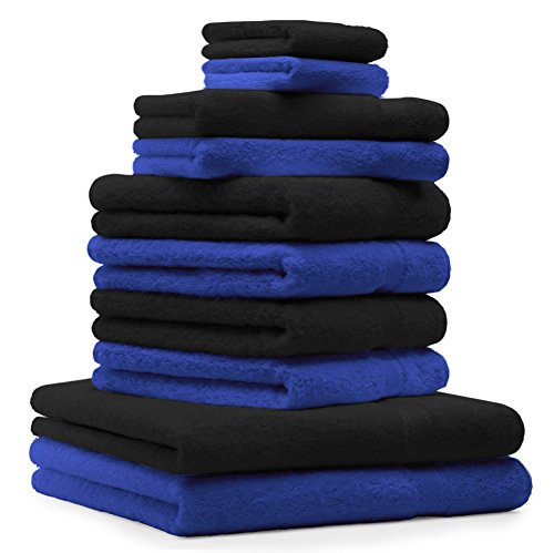 Betz 10-TLG. Handtuch-Set Premium 100% Baumwolle 2 Duschtücher 4 Handtücher 2 Gästetücher 2 Waschhandschuhe Farbe Schwarz & Royal Blau von Betz