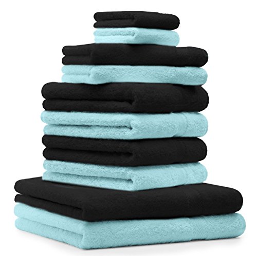 Betz 10-TLG. Handtuch-Set Premium 100% Baumwolle 2 Duschtücher 4 Handtücher 2 Gästetücher 2 Waschhandschuhe Farbe Schwarz & Türkis von Betz