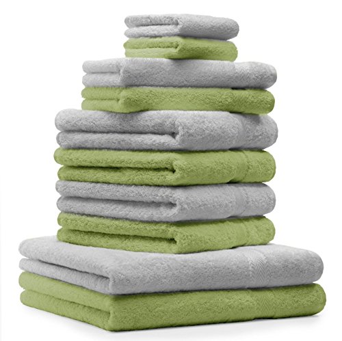 Betz 10-TLG. Handtuch-Set Premium 100% Baumwolle 2 Duschtücher 4 Handtücher 2 Gästetücher 2 Waschhandschuhe Farbe Silber Grau & Apfel Grün Betz 10-TLG. Handtuch-Set Premium 100% Baumwolle 2 Duschtücher 4 Handtücher 2 Gästetücher 2 Waschhandschuhe Farbe Silber Grau & Apfel Grün von Betz