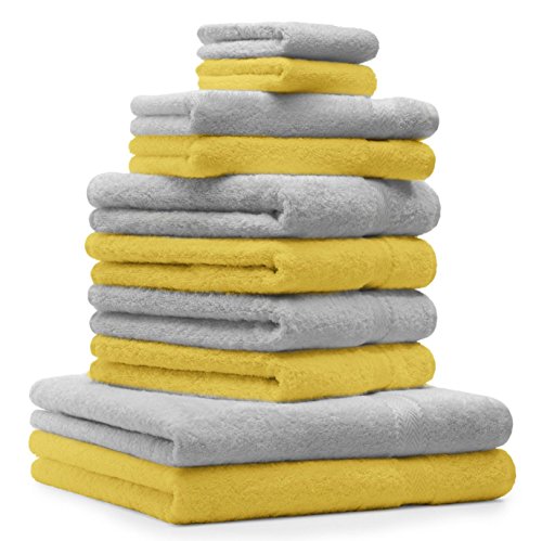 Betz 10-TLG. Handtuch-Set Premium 100% Baumwolle 2 Duschtücher 4 Handtücher 2 Gästetücher 2 Waschhandschuhe Farbe Silber Grau & Gelb von Betz