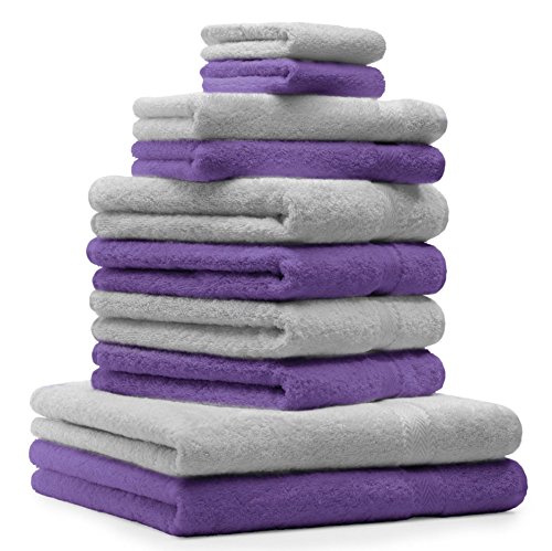 Betz 10-TLG. Handtuch-Set Premium 100% Baumwolle 2 Duschtücher 4 Handtücher 2 Gästetücher 2 Waschhandschuhe Farbe Silber Grau & Lila von Betz