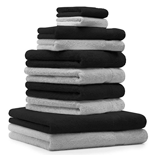 Betz 10-TLG. Handtuch-Set Premium 100% Baumwolle 2 Duschtücher 4 Handtücher 2 Gästetücher 2 Waschhandschuhe Farbe Silber Grau & Schwarz von Betz