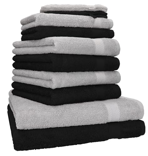 Betz Handtuch Set Premium 10-teilig 100% Baumwolle – 2 Duschtücher 70x140, 4 Handtücher 50x100, 2 Gästetücher 30x50, 2 Waschhandschuhe – Weiche Frottee Handtücher – Farbe Silber Grau & Schwarz von Betz