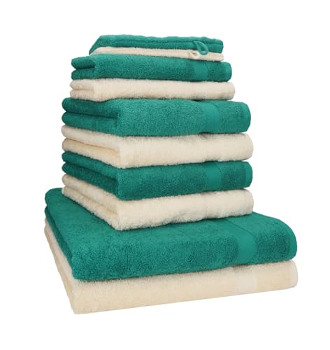 Betz 10-TLG. Handtuch-Set Premium 100% Baumwolle 2 Duschtücher 4 Handtücher 2 Gästetücher 2 Waschhandschuhe Farbe Smaragd Grün & Beige von Betz
