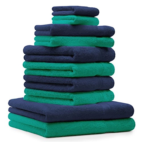 Betz 10-TLG. Handtuch-Set Premium 100% Baumwolle 2 Duschtücher 4 Handtücher 2 Gästetücher 2 Waschhandschuhe Farbe Smaragd Grün & Dunkel Blau von Betz