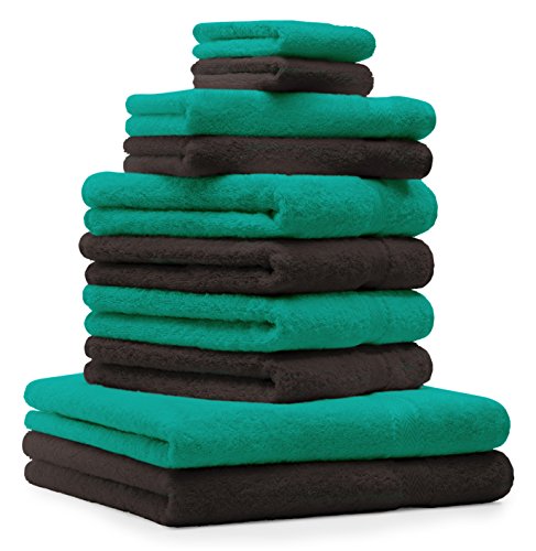 Betz 10-TLG. Handtuch-Set Premium 100% Baumwolle 2 Duschtücher 4 Handtücher 2 Gästetücher 2 Waschhandschuhe Farbe Smaragd Grün & Dunkel Braun von Betz